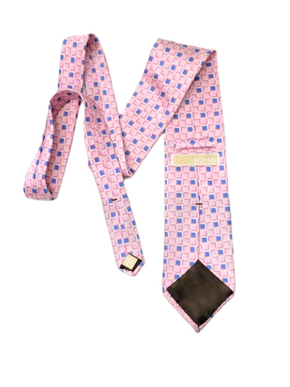 Michael Kors Tie Mens Pink Blue Square Geometric Checked 100% Silk